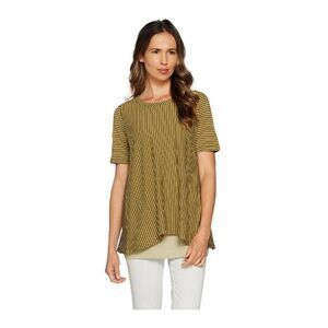 LOGO by Lori‎ Goldstein Top Women Sz S Striped Short Sleeve Eyelet Back Tunic